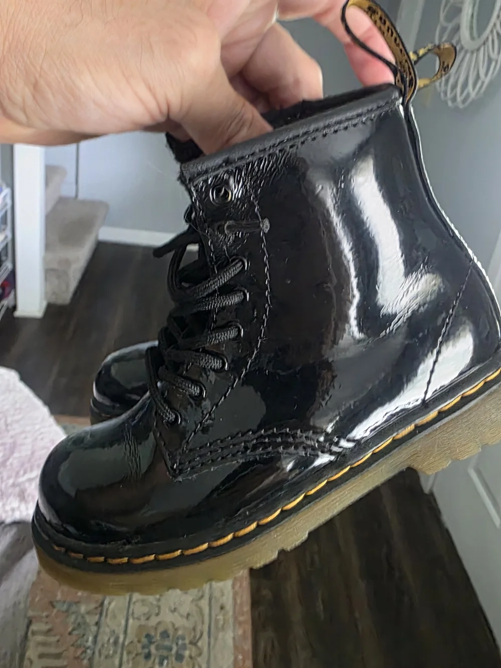Dr. Martens 1460 Black Patent Lace-Up Ankle Boot with Yellow Stitching